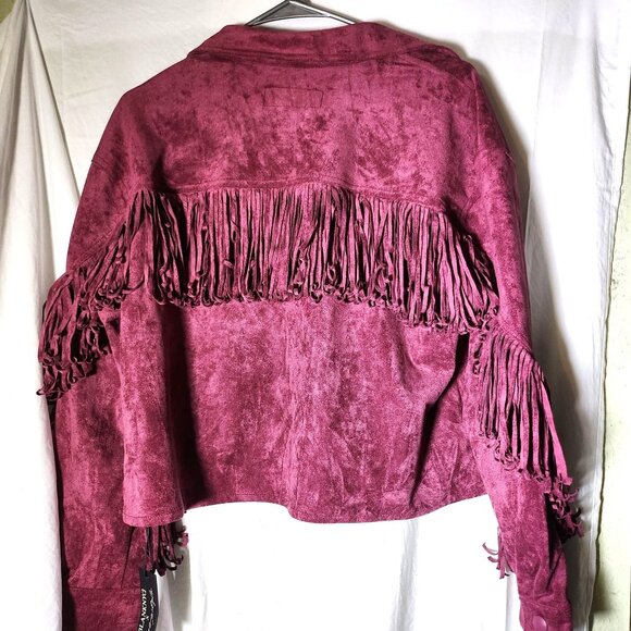 Blank NYC Faux‎ Suede Fringe Jacket Snap Closure & Chest Pockets Medium Burgundy - Picture 5 of 9